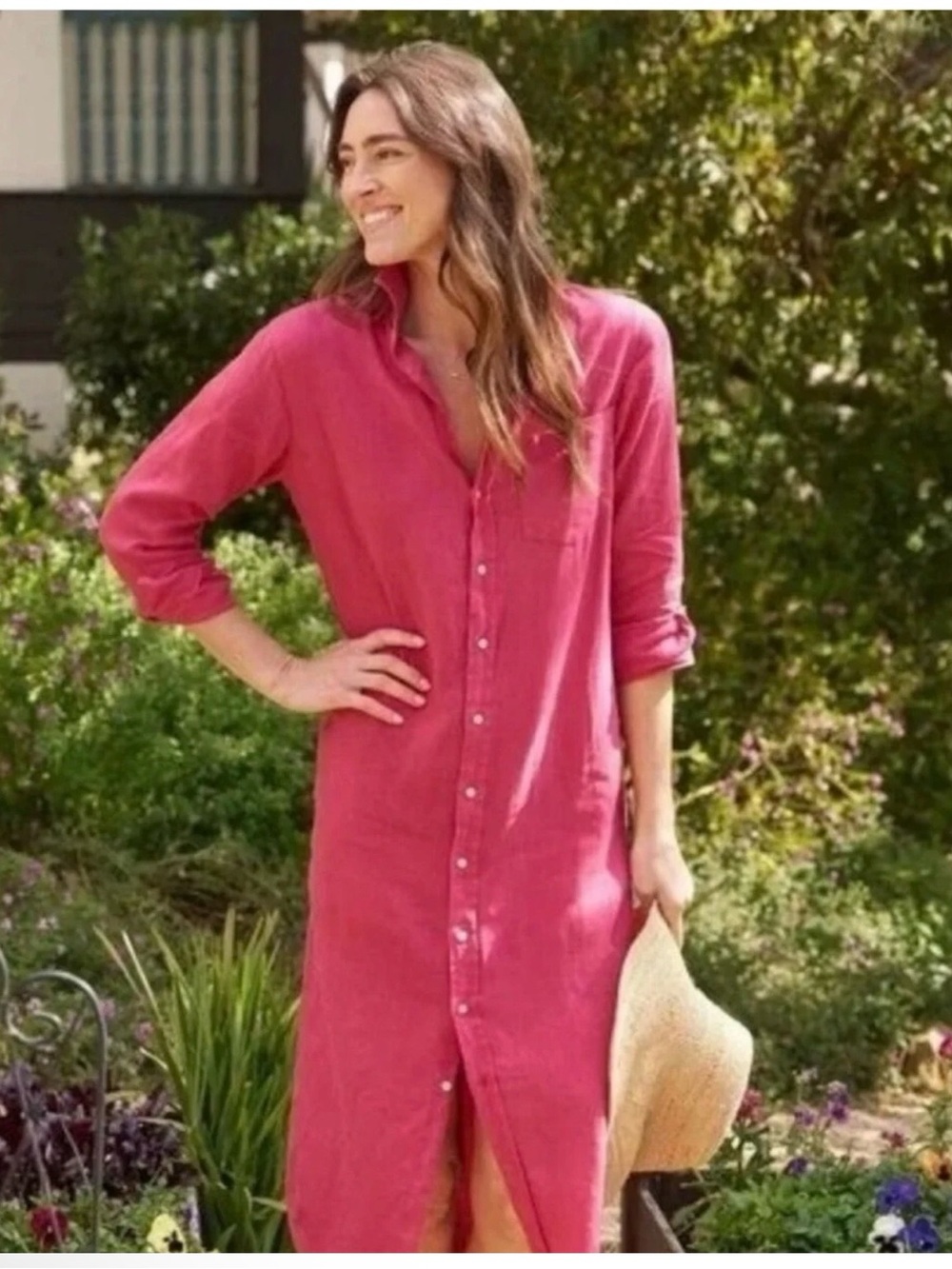 Frank & Eileen Rory linen Maxi Shirt Dress in raspberry size small